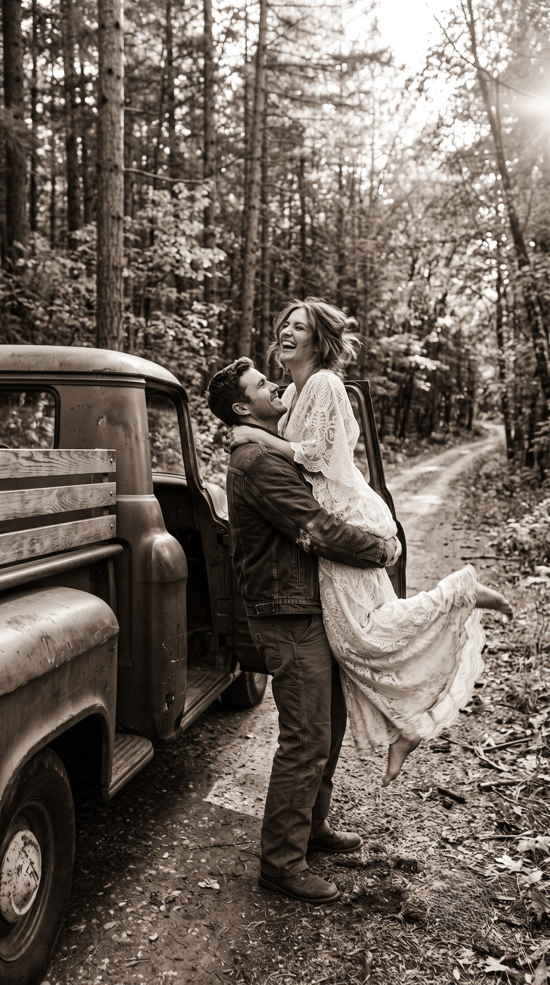 Sepia photograph of a man lifting a laughing woman in a lace dress beside a pickup on a forest road