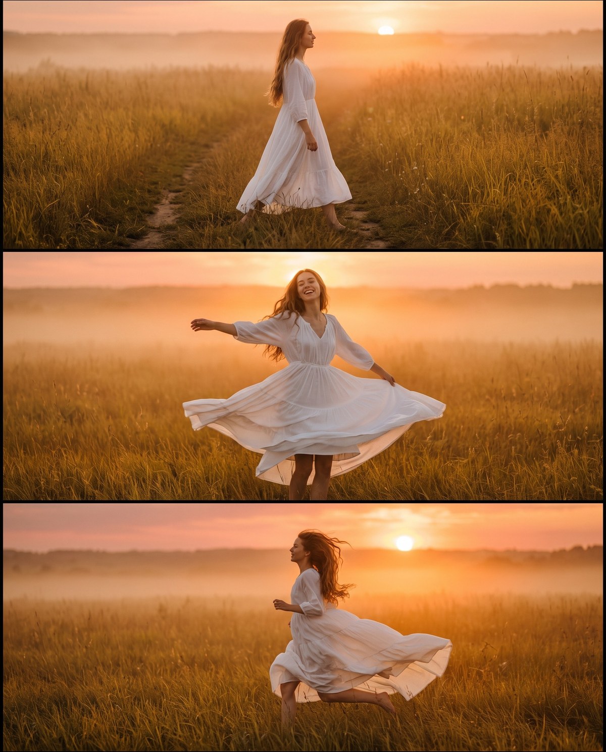 Triptych of a woman in a white dress moving through a golden meadow at sunset