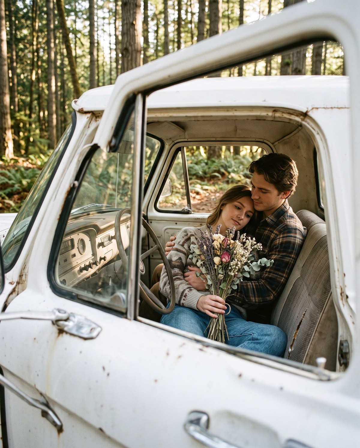 A couple curled up on the bench seat of a vintage truck, dried bouquet in hand, forest out the window