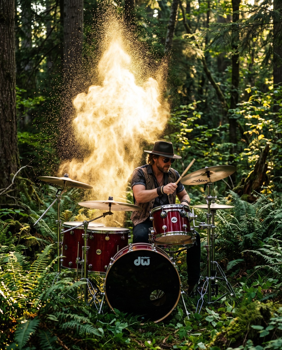 A drummer in a wide-brim hat playing a full kit deep in the pines, sunlit dust rising behind him