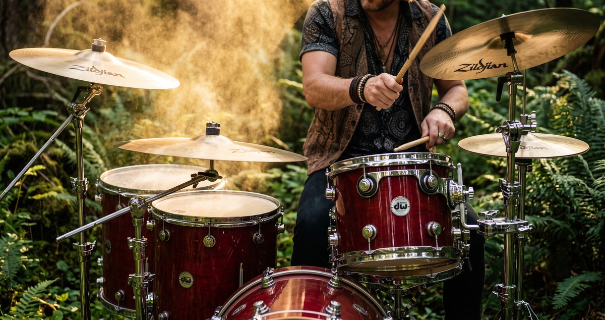 Close, wide frame of a drummer mid-hit on a deep red kit surrounded by ferns in the forest
