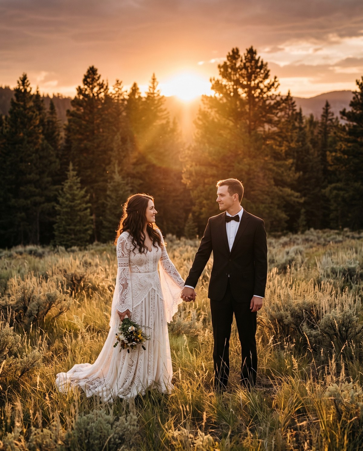 A bride and groom holding hands in a golden meadow at sunset, tall pines behind them