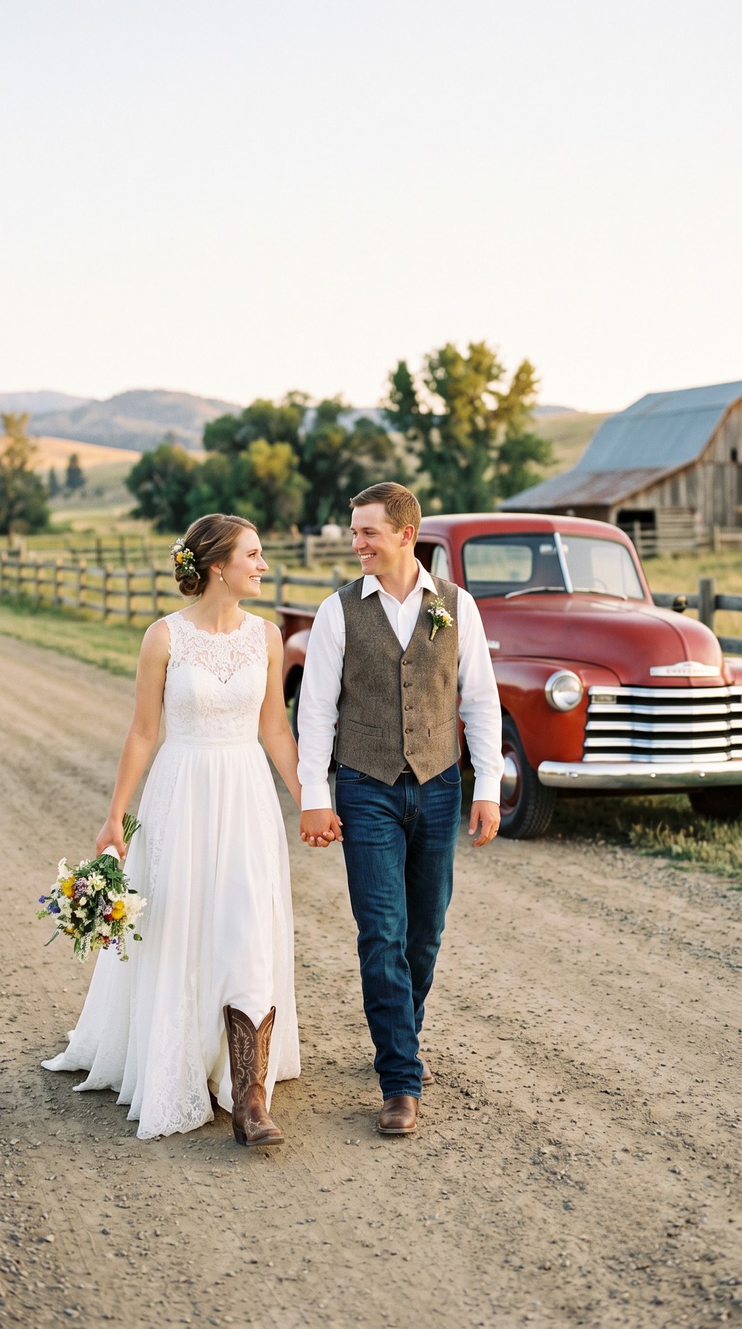 A just-married couple mid-stride, hands clasped, dress and boots in motion beside their getaway truck
