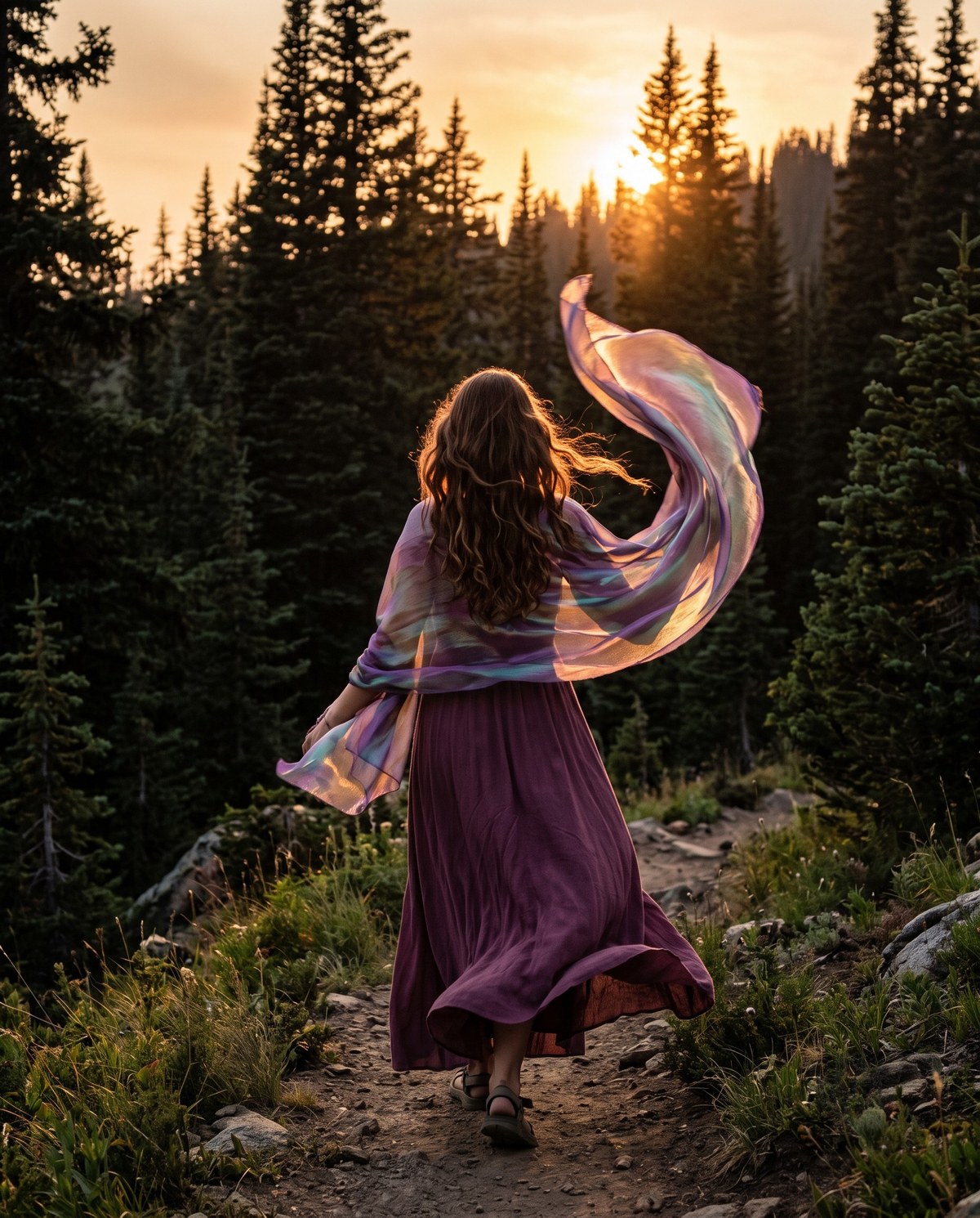 A woman in a plum dress at golden hour, sheer scarf lifting in the wind against a wall of pines