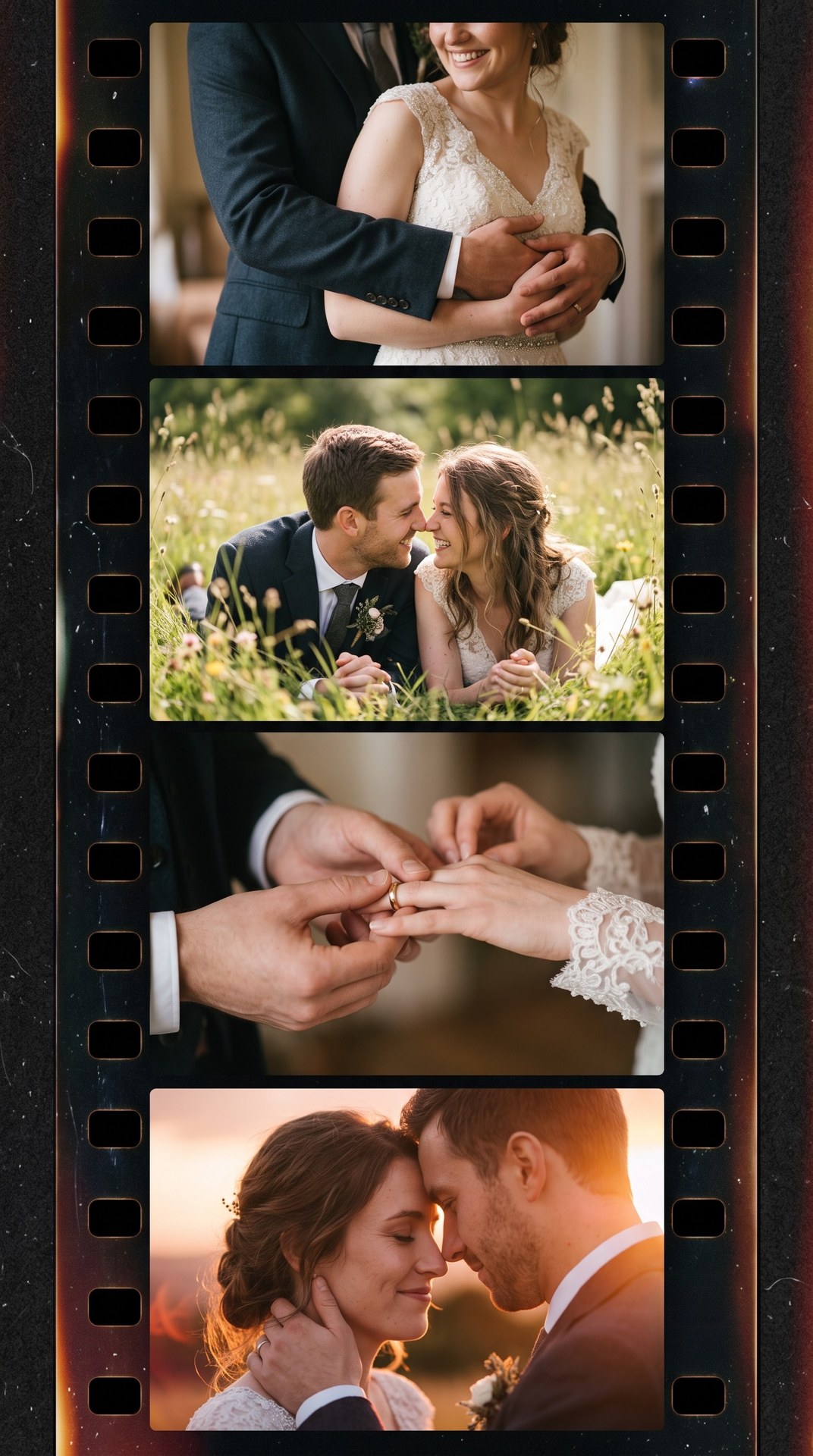Four film frames of a wedding: hands wrapped around the bride, faces close in the grass, rings almost touching