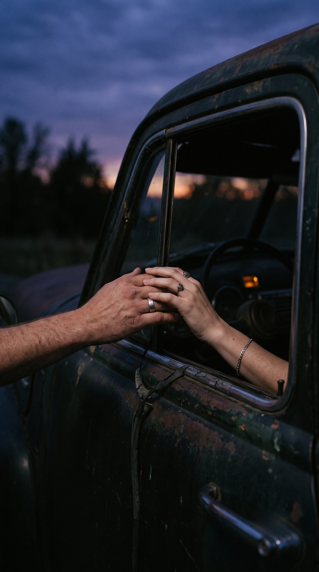 Two hands meeting through the open window of a vintage truck door at dusk