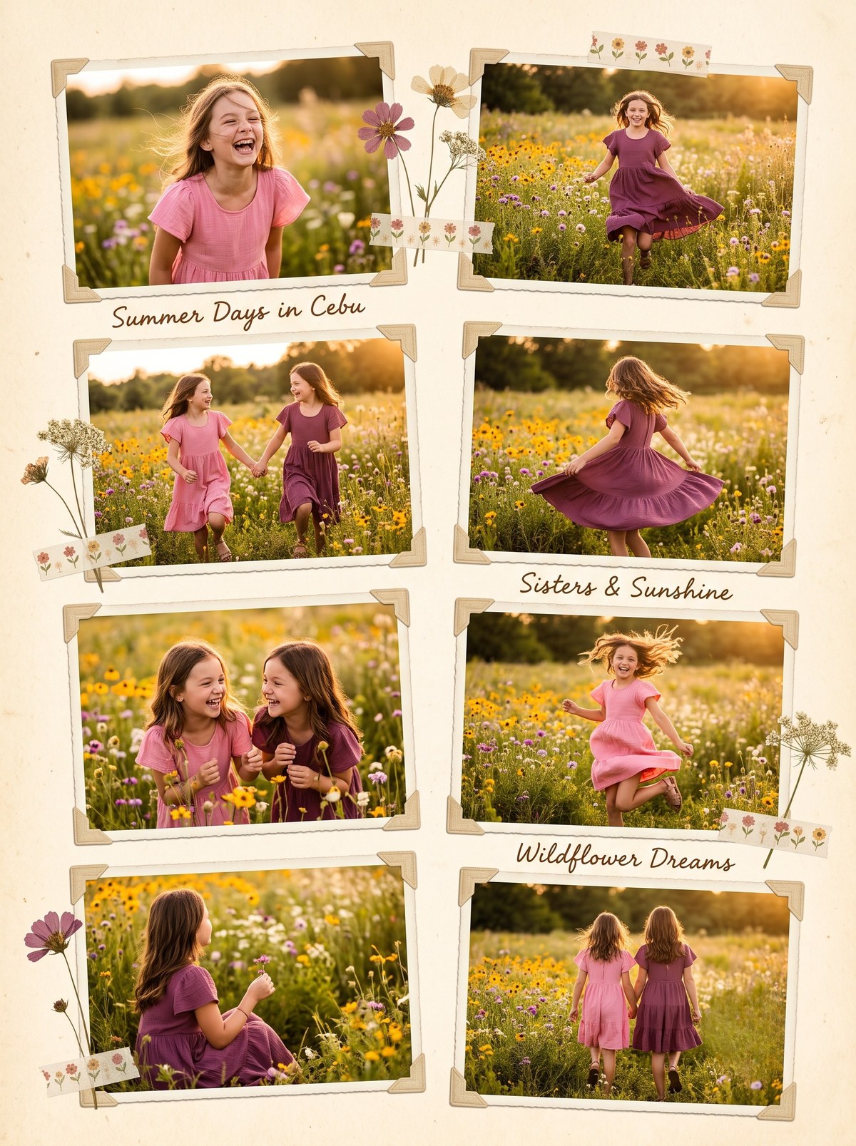 Collage of sisters in pink and plum dresses running, twirling, and laughing in a sunlit field